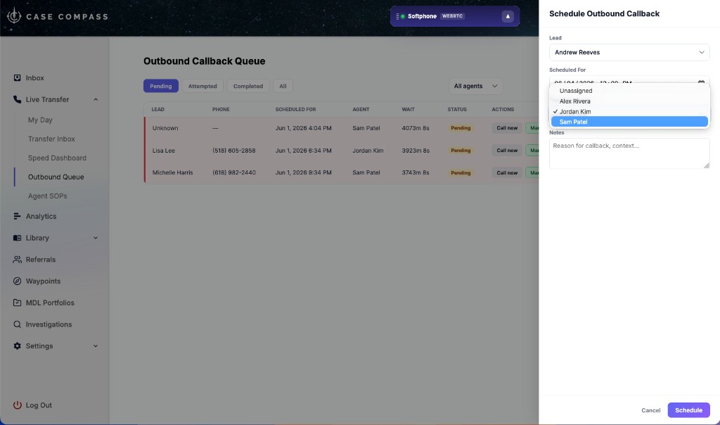 Case Compass Outbound Callback Queue showing Pending tab with Lisa Lee and Michelle Harris callbacks, and Schedule Outbound Callback modal with lead selector, scheduled date and time, agent dropdown with Alex Rivera, Jordan Kim, and Sam Patel, and notes field