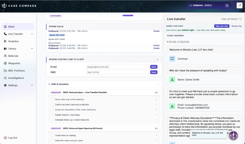 Case Compass lead profile showing live transfer panel with agent chat on the left, client intake answers from the chatbot on the right rail, phone call history with recordings, and SOPs embedded inline