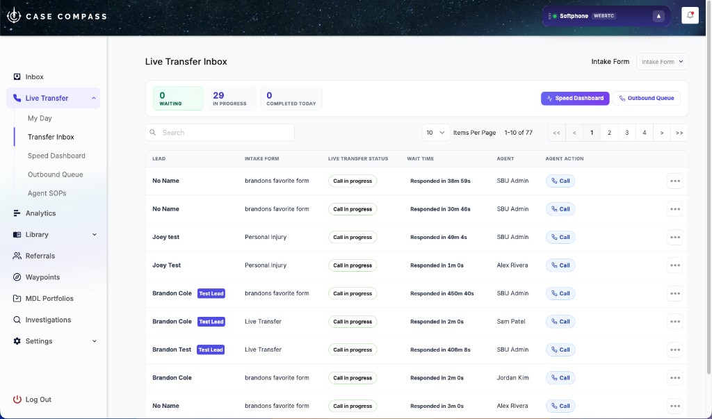 Case Compass Live Transfer Inbox showing real-time queue with agent assignments and wait times