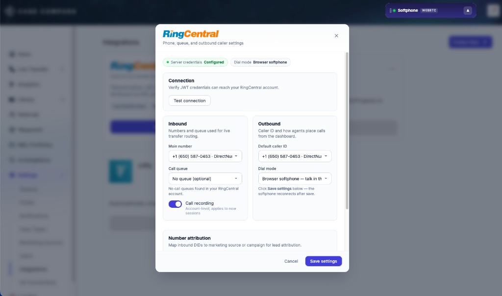 Case Compass RingCentral integration settings showing configured credentials, dial mode set to Browser softphone, inbound number, call recording toggle enabled, and number attribution settings