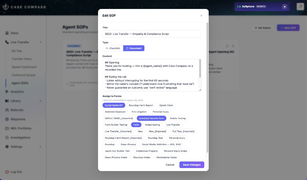 Case Compass Agent SOP editor showing a Live Transfer Empathy and Compliance Script with Document type, markdown content with opening script and call guidelines, and form assignment tags for Personal Injury, Social Media, and Live Transfer forms