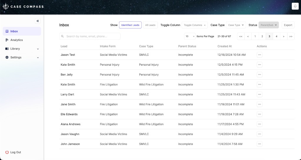 Case Compass intake inbox showing lead qualification, AI scoring, and source attribution