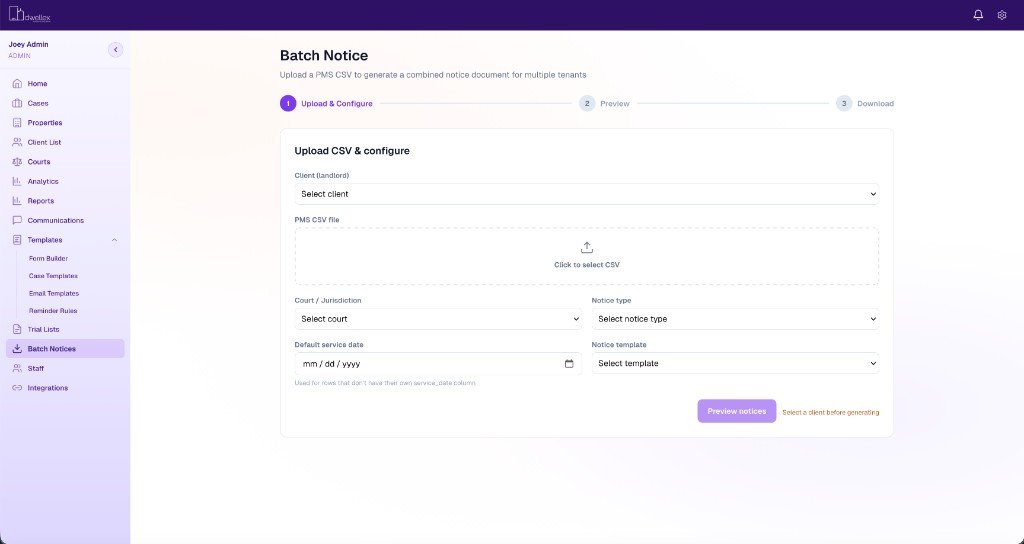 Dwellex batch notice generation from a property management export