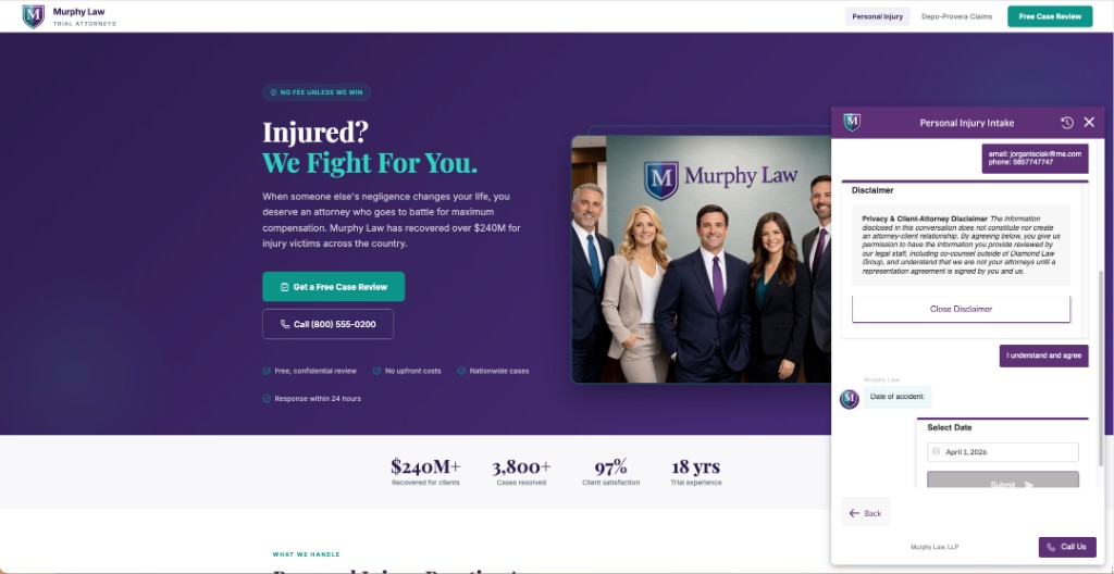 Murphy Law personal injury website with the Case Compass intake chatbot open