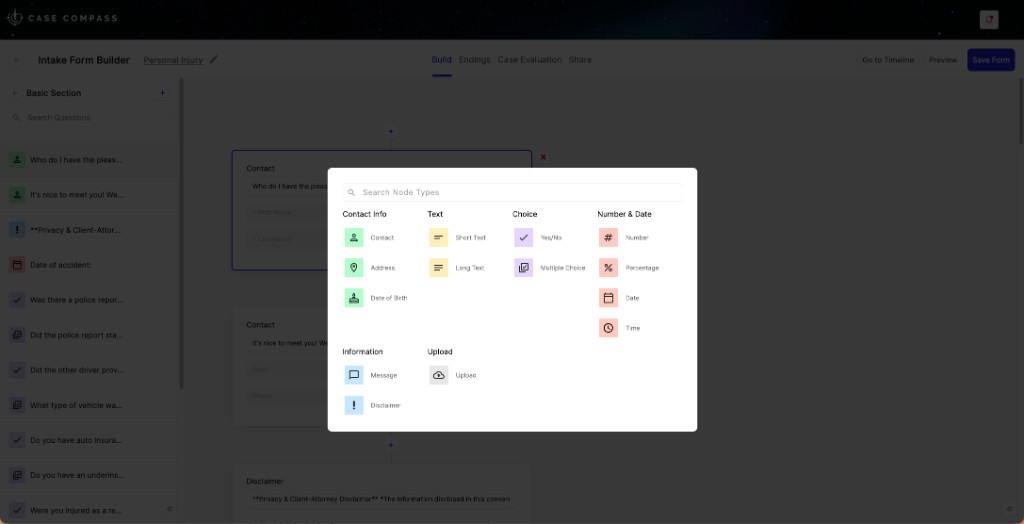 Case Compass Intake Form Builder with question type palette open — Contact Info, Text, Choice, Number & Date, and Upload options