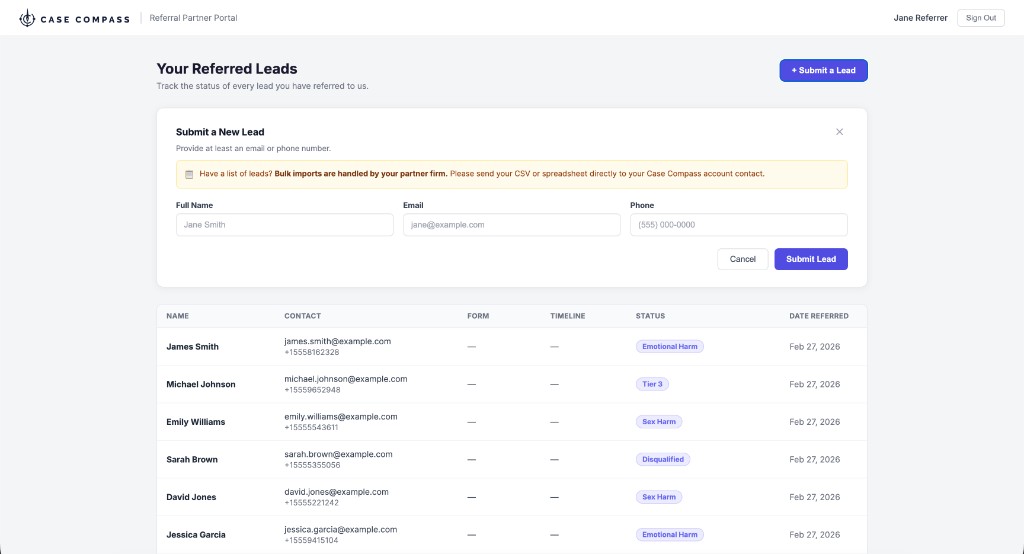 Case Compass Referral Partner Portal showing Jane Referrer's referred leads with names, contact info, status badges like Emotional Harm, Tier 3, and Sex Harm, and dates referred