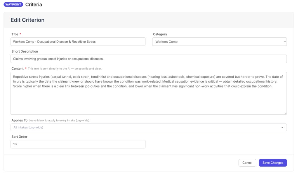 Waypoint criterion configuration screen showing evaluation settings for a Workers Comp case type